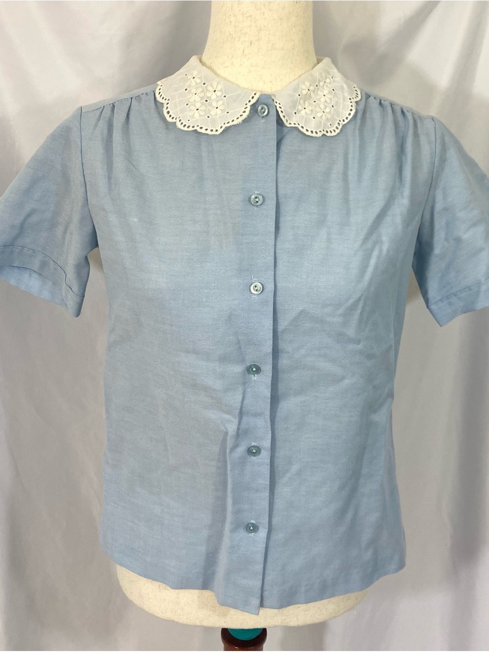 Vintage Light Blue Button-Front Top with White Eyelet Collar